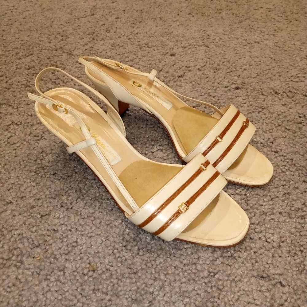 Gucci Italy Vintage Gold Logo Leather Slingback Sandals Heels Shoes sz 36.5 - Picture 6 of 7